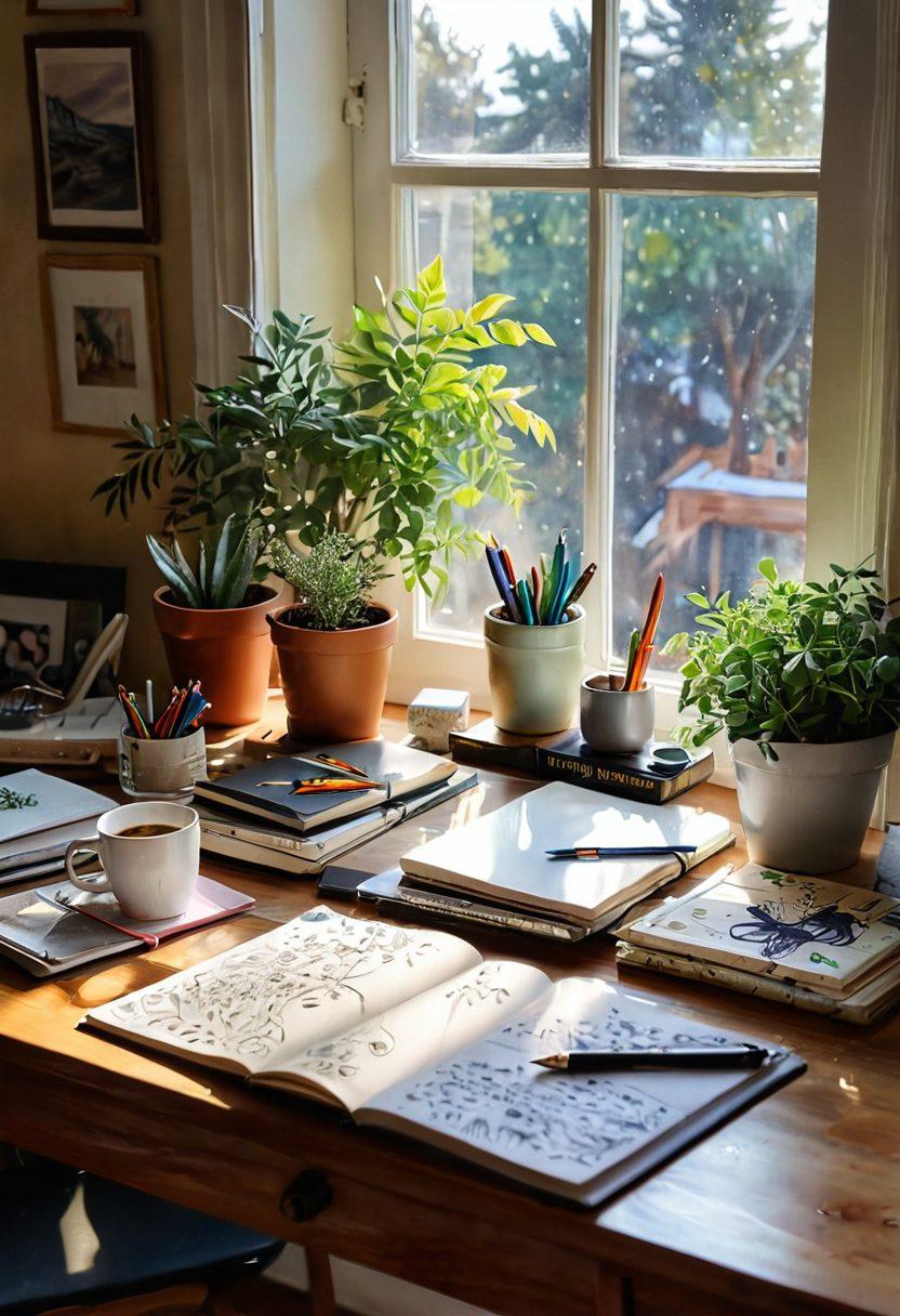 A cozy, inviting workspace featuring a wooden desk adorned with colorful notebooks, art supplies, and a steaming cup of coffee. Sunlight spills through a nearby window, illuminating pages filled with doodles and handwritten thoughts. A plant sits in the corner, adding a touch of greenery to this creative haven. The overall atmosphere exudes warmth and inspiration, enticing hobbyists to explore their thoughts and ideas. watercolor painting. soft pastel colors. warm lighting.