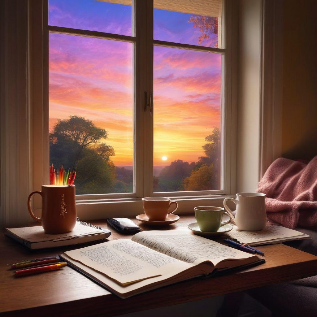 A cozy, inviting workspace featuring an open journal with flowing handwritten text, a laptop displaying vibrant digital art, colorful pens scattered around, and a steaming cup of tea. Soft, warm lighting enhances the creative atmosphere, while a window shows a serene outside view. super-realistic. vibrant colors. warm tones.
