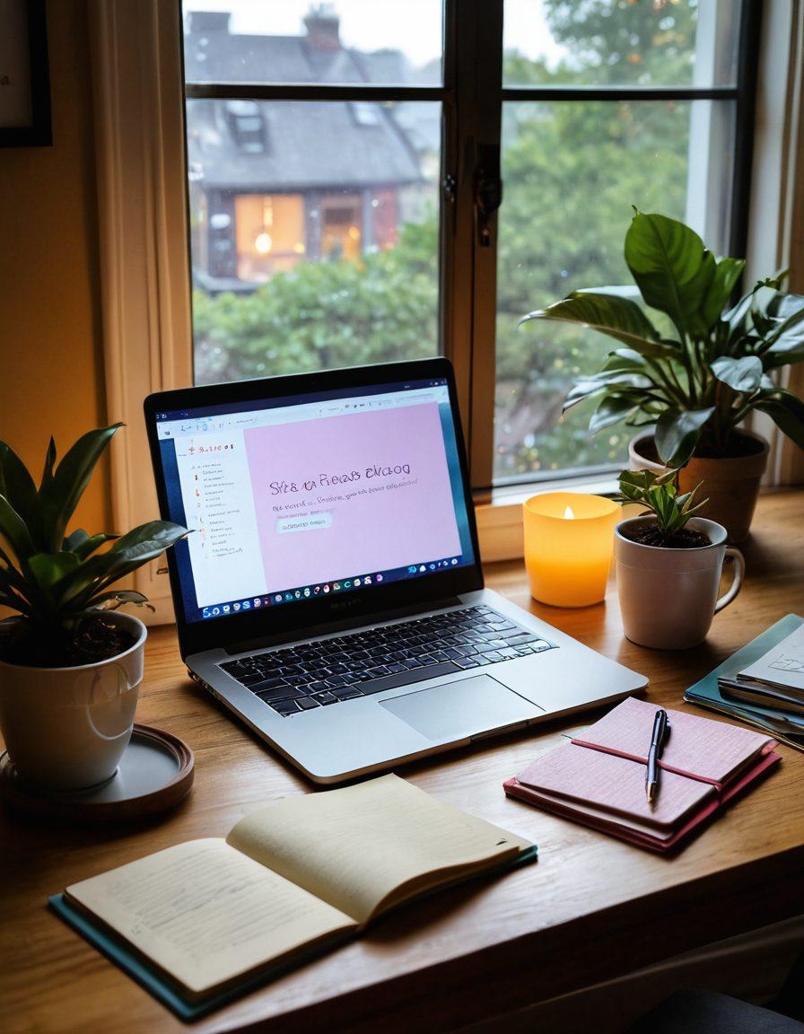 A vibrant desk scene with a glowing laptop showcasing a beautifully designed blog interface, surrounded by notebooks filled with handwritten notes and colorful stationery, a steaming cup of coffee, and a potted plant for a personal touch. The background hints at a cozy home office with warm lighting and a window showing a scenic view. The atmosphere is inspiring and creative, inviting independent bloggers to embrace their journey. ultra-realistic. warm colors. cozy ambiance.
